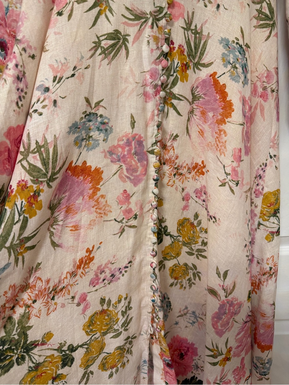 Zimmermann Cream Floral Tie-Neck Maxi Dress with Pink and Yellow Blooms - Picture 9 of 10